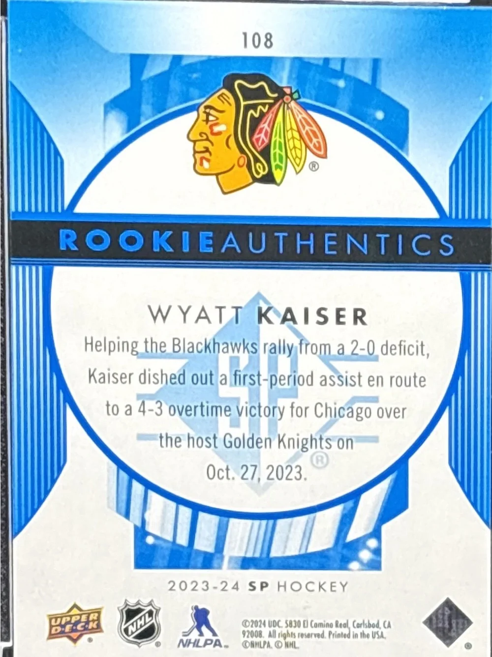 Upper Deck Wyatt Kaiser Rookie Hockey Trading Card